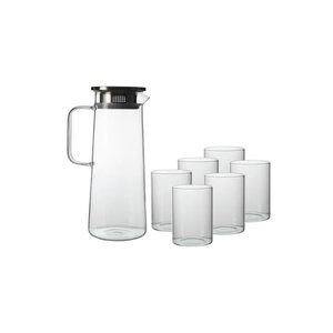 7 Piece Glass Pitcher Set (with Straining Lid, Handle) and 6 Glasses - CLEAR